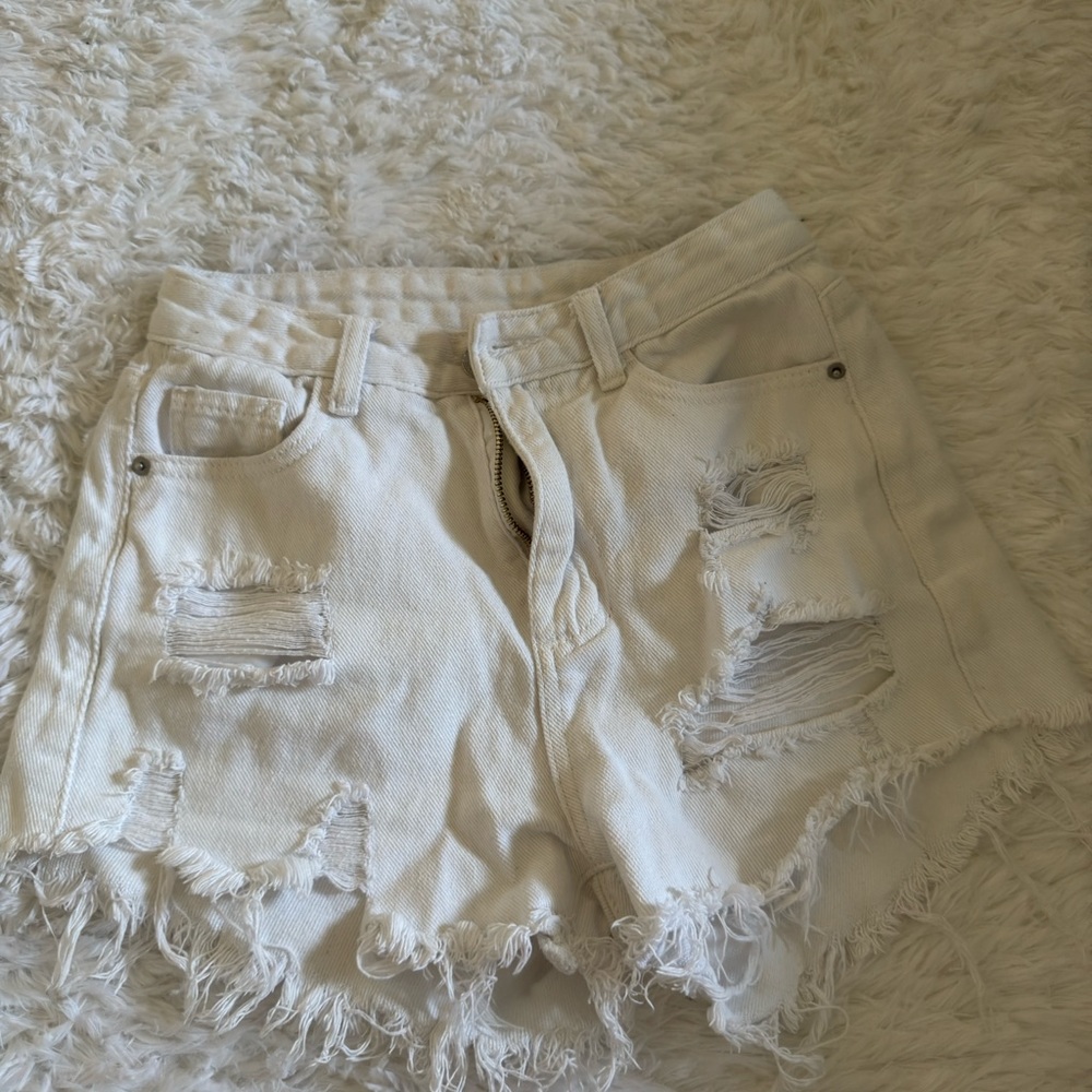 Shein White Distressed Denim Shorts Frayed Hem High Rise Summer Size 2
